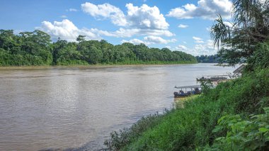 Tambopata, Peru - 25 Kasım 2024: Peru Amazon yağmur ormanlarındaki Tambopata Nehri üzerindeki tekneler