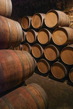 Elciego, Spain - 28 Dec, 2024: Oak barrels storing wine in the cellars of the Marque de Riscal winery, Rioja Alvesa, Spain clipart