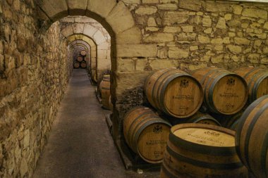 Elciego, Spain - 28 Dec, 2024: Wine barrels in the cellars of the Marque de Riscal winery, Rioja Alvesa, Spain clipart