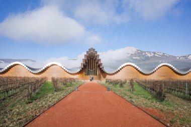Laguardia, İspanya - 28 Aralık 2024: Bodegas Ysios Şaraphanesi, mimar Santiago Calatrava tarafından tasarlandı. Rioja Alavesa, İspanya