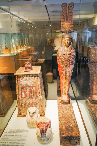 Barcelona, Spain - 1 Feb, 2025: Exhibits on display at the Egyptian Museum of Barcelona