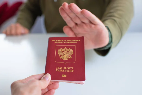 Close Russian Passport European Union Schengen Visa Ban Russian Tourists — Stock Photo, Image