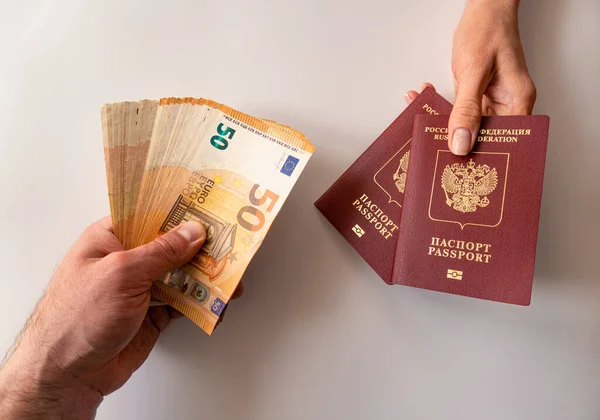 Male Female Hands Passport Money Euros Table Concept Migration Citizens — Stock Photo, Image