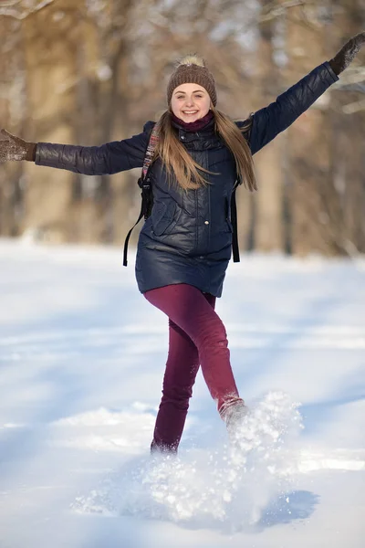 Happy Young Woman Smiling Throwing Snow Snowy Winter Park Sunny — Stock Photo, Image