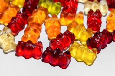 Different Haribo candies on white background. Close up.
