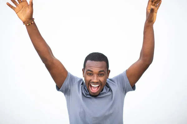 Portrait Excited Young Black Man Laughing Hands Raised White Background — Stock Photo, Image