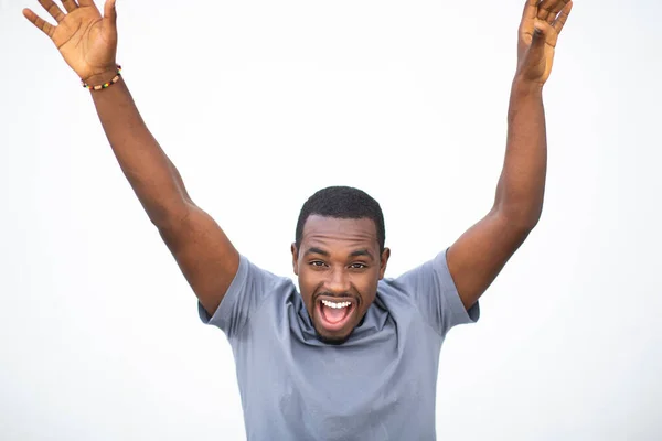 Retrato Joven Negro Emocionado Riendo Con Las Manos Levantadas Sobre — Foto de Stock