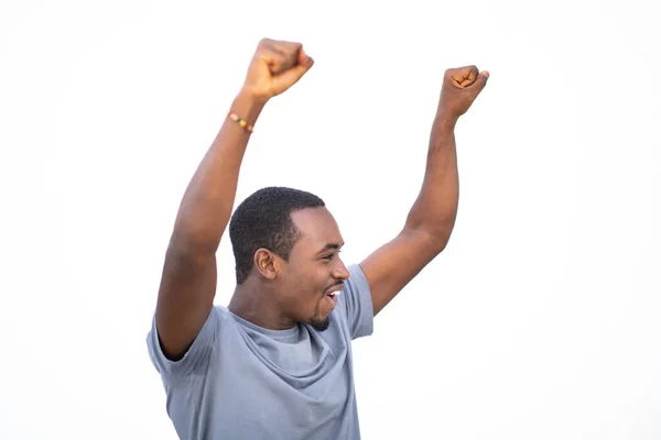 Портрет Веселого Молодого Чернокожего Мужчины Поднятыми Руками Отводящими Взгляд Белом — стоковое фото