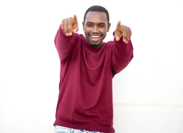 Portrait Cool Young African American Guy Pointing You White Wall — Stock Photo, Image