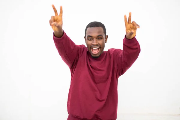 Portret Van Een Opgewonden Jonge Zwarte Man Met Vredesbord Met — Stockfoto