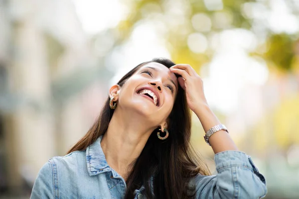 Close Portrait Happy Young Woman Laughing Hand Hair — Stock Photo, Image