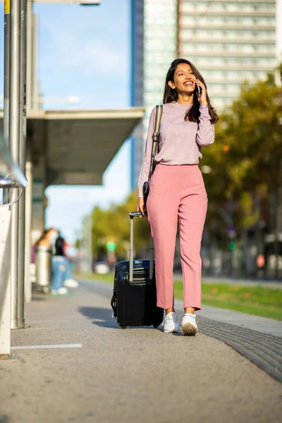 Full Body Portrait Happy Young Travel Woman Walking Talking Cellphone — Stock Photo, Image