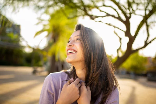 Close Portrait Happy Young Woman Laughing Hands Hair Park — Stock Photo, Image