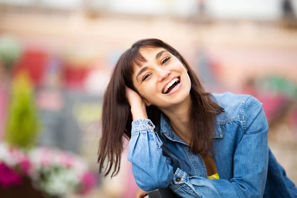 Close Portrait Carefree Young Woman Sitting Outdoors City Laughing — Stock Photo, Image