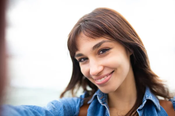 Close Portrait Cute Young Woman Taking Selfie — Stock Photo, Image