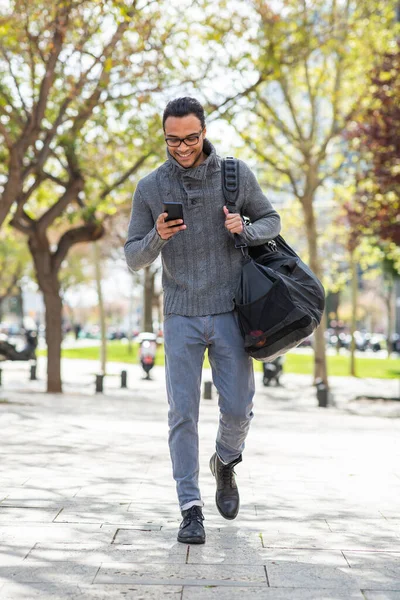 Full Body Portrait Cool Young Guy Using Cell Phone Carrying — Stock Photo, Image