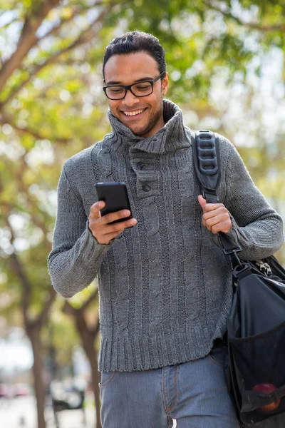 Portrait Happy Young Multi Race Guy Using Mobile Phone Carrying — Stock Photo, Image