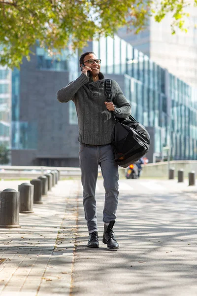 Full Body Portrait Cool Young Guy Talking Cell Phone Carrying — Stock Photo, Image