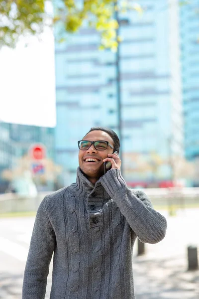 Portrait Handsome Young Multi Race Man Wearing Sweater Talking Cell — Stock Photo, Image