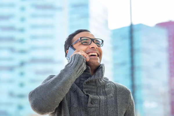 Close Portrait Smiling Young Guy Eyeglasses Talking Cell Phone — Stock Photo, Image