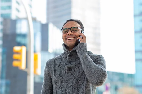 Portrait Handsome Young Man Eyeglasses Wearing Sweater Walking City Talking — Stock Photo, Image