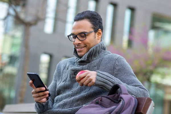 Portrait Young African Man Apple Reading Text Message Cell Phone — Stock Photo, Image