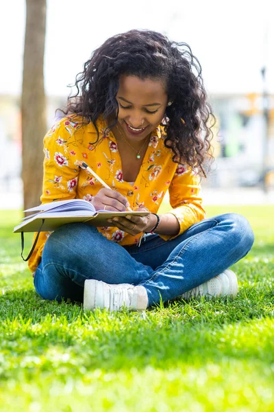 Портрет Молодой Африканки Сидящей Траве Парке Пишущей Книге — стоковое фото