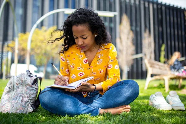Портрет Молодой Африканской Женщины Сидящей Траве Парке Пишущей Книге — стоковое фото