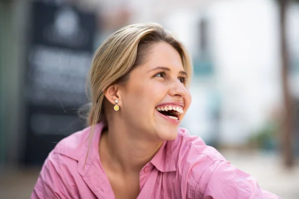 Close Portrait Cheerful Young Woman Looking Away Laughing City — Stock Photo, Image