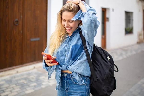 Portrait Cheerful Young Woman Walking Bag Looking Mobile Phone City — Stock Photo, Image