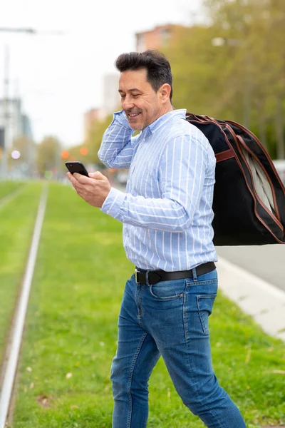 Portrait Happy Mature Man Walking Outdoors Suit Travel Bag Using — Stock Photo, Image