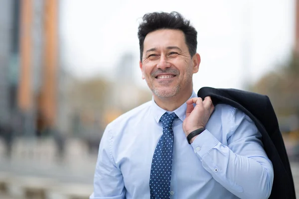 Close Portrait Smiling Mature Businessman Standing Holding Coat Shoulder — Stock Photo, Image