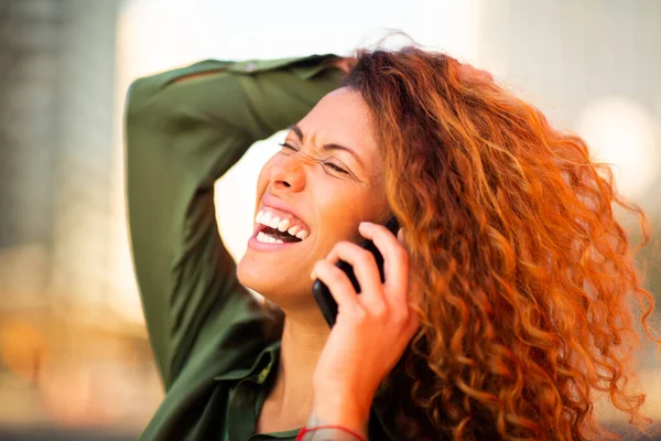 Close Portrait Carefree Young Latin Female Talking Cellphone Outdoors City — Stock Photo, Image