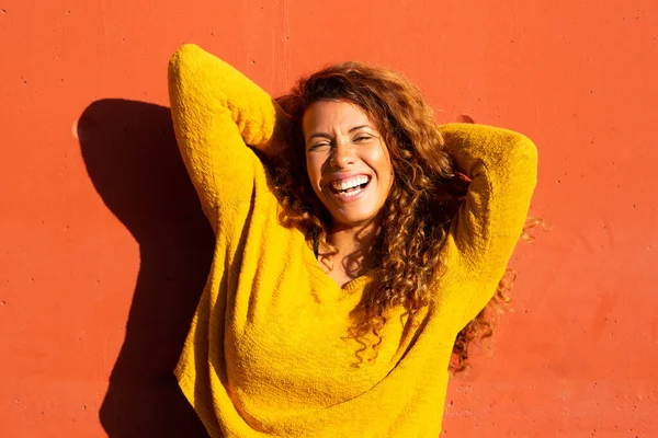 Portrait Beautiful Young Hispanic Woman Yellow Top Posing Orange Wall — Stock Photo, Image