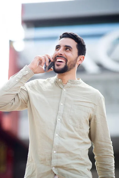 Portrait Cheerful Young Arab Man Walking Outdoors City Talking Mobile — Stock Photo, Image