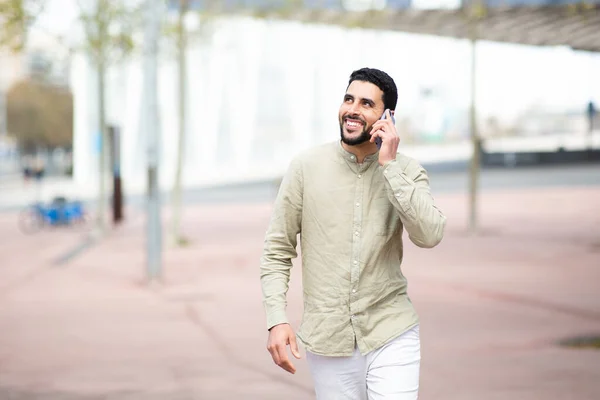 Portrait Handsome Young North African Guy Talking Mobile Phone Walking — Stock Photo, Image