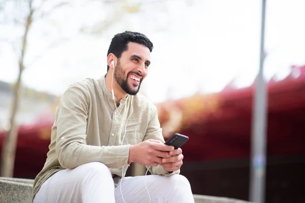 Portrait Cheerful Young Middle Eastern Guy Relaxing Enjoying Listening Music — Stock Photo, Image