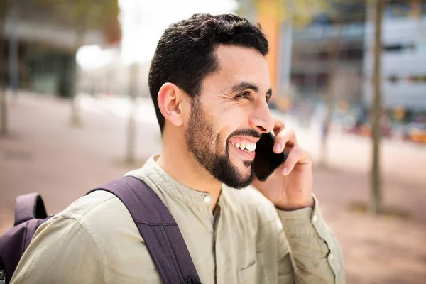 Close Side Portrait Cheerful Young Arab Guy Walking Bag Talking — Stock Photo, Image