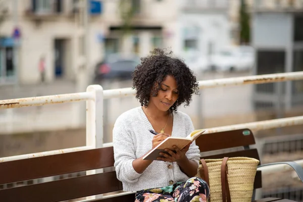 Portrait Young Woman Sitting Book Outdoor — Stock Photo, Image