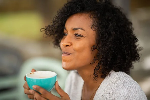 Close Portrait Smiling Young Woman Drinking Cup Coffee — Stock Photo, Image