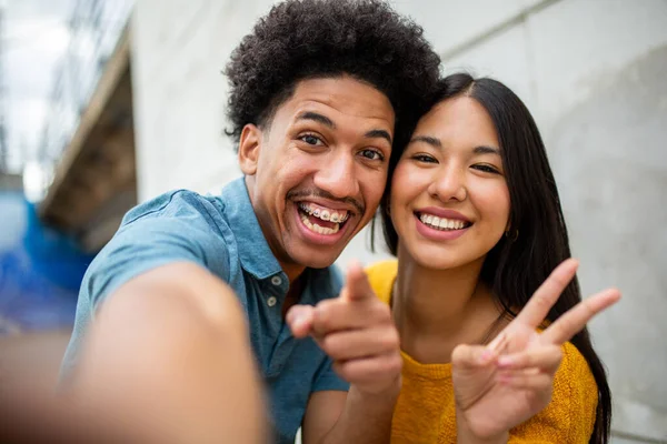 Close Portrait Cheerful Young Couple Taking Selfie Together — Stock Photo, Image