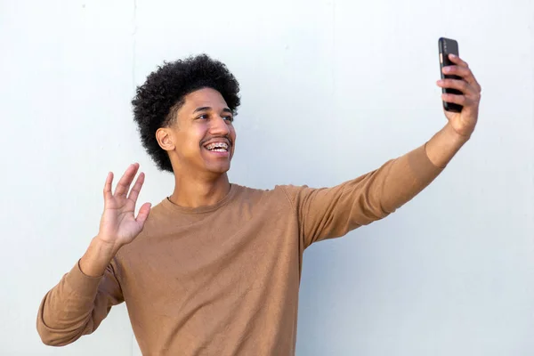Cool African American Man Selfie Mobile Phone White Wall — Stok Foto