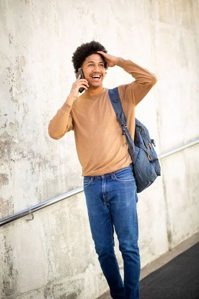 Portrait Happy Young Man Walking Talking Mobile Phone — Stok Foto