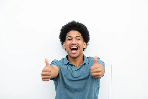 Portrait Cheerful Young Man Thumbs Hand Sign Stock Picture