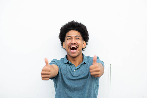 Portrait Cheerful Young Man Thumbs Hand Sign Stock Picture
