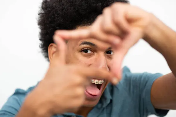 Close Portrait Young Man Make Frame Fingers Stock Photo