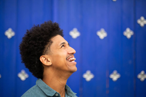 Close Side Portrait Smiling Young Man Looking Aside Stock Picture