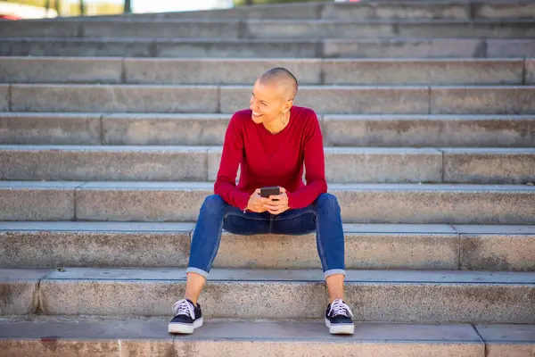 Portrait Woman Sitting Steps Using Phone — Stok Foto