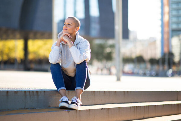 Full Body Portrait Woman Short Hair Sitting Steps Royalty Free Stock Images