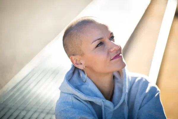 Close Portrait Beautiful Woman Shaved Head Royalty Free Stock Images